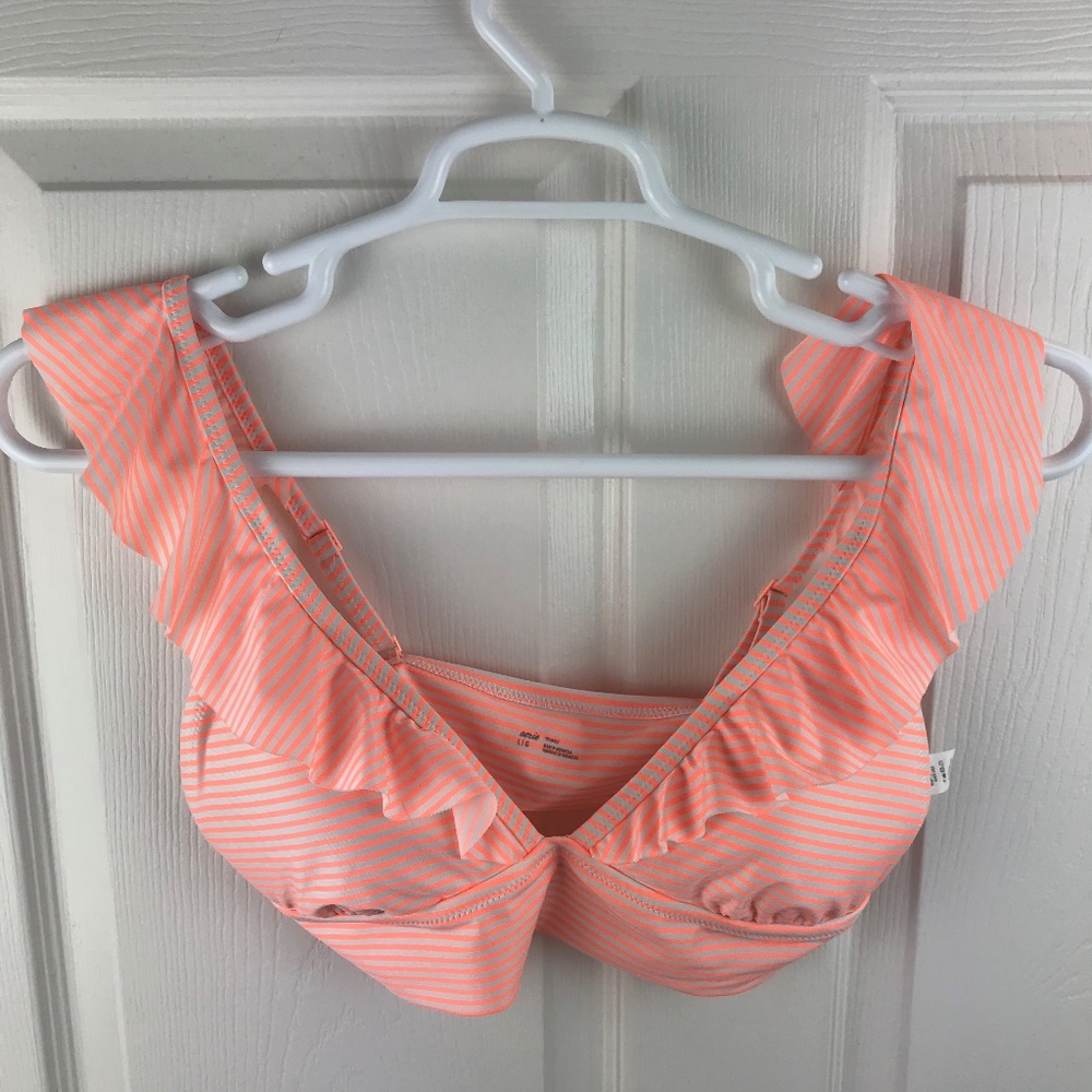 Aerie Striped Ruffle Bikini Top Orange White Large